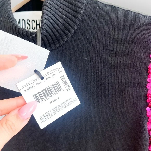 Nwt MOSCHINO Couture Black Sweater Mock Neck Dress Sequin Sleeves - Picture 7 of 11